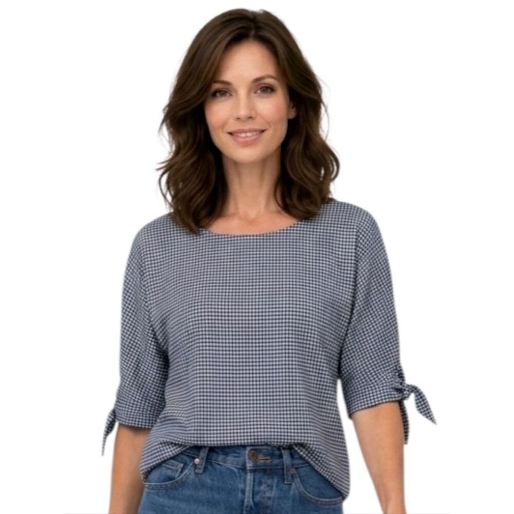 Talbots Navy Blue & White Gingham Tie Elbow Sleeve Blouse Size L